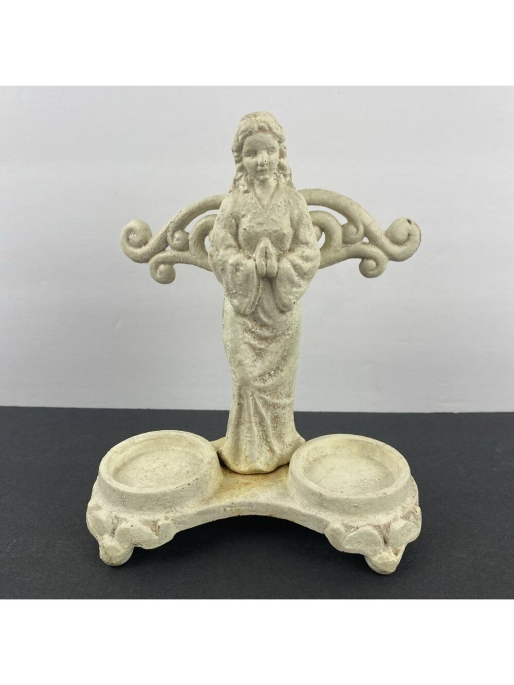 VTG Ornate Russ Berrie Cast Iron Angel Creme Color Double Tealight Candle Holder